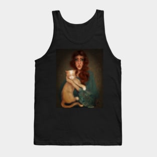 Vintage photo turned into lowbrow manga style digital art of young witchy aesthetic woman holding ginger cat Tank Top